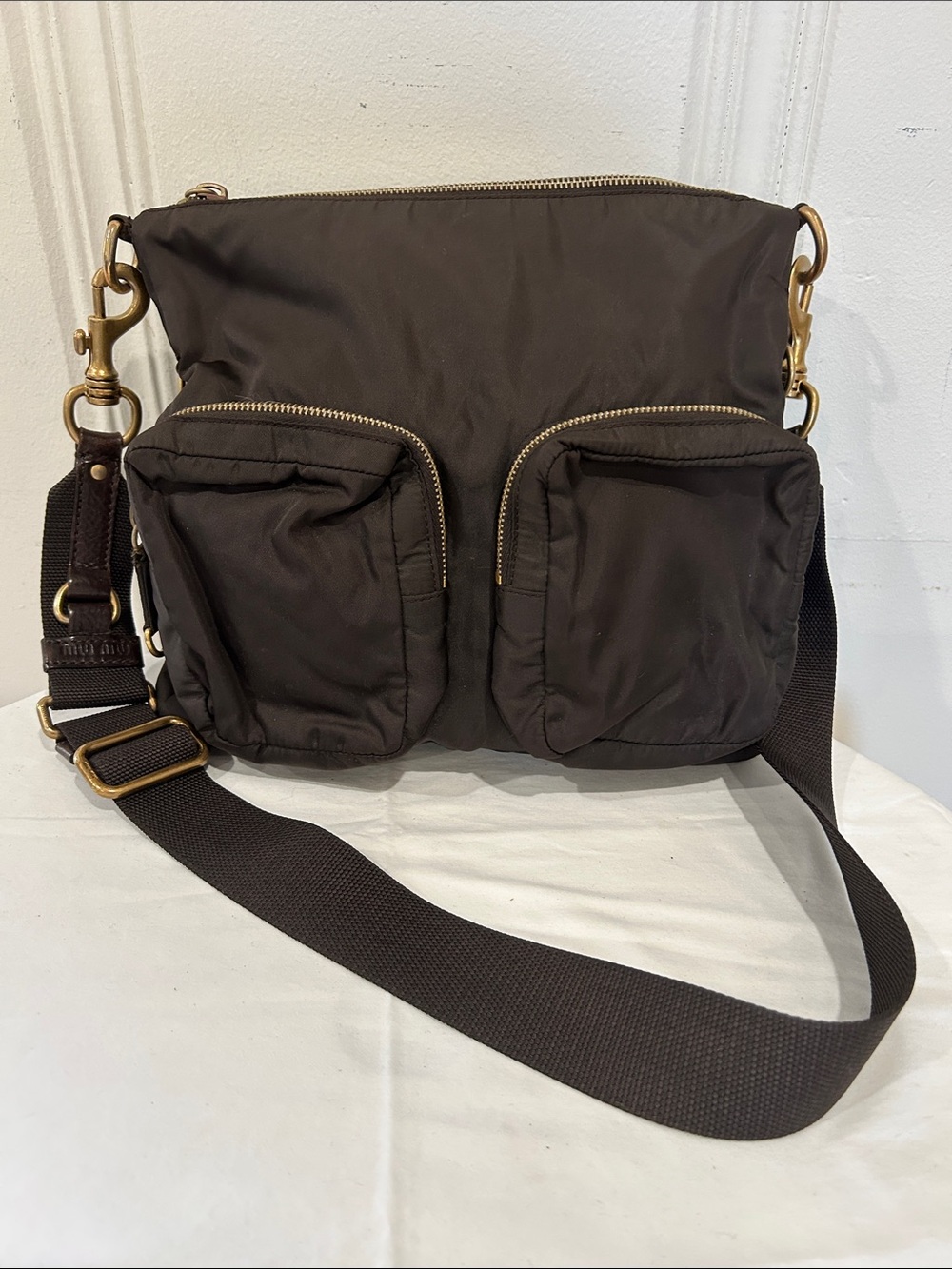 Miu Miu Dark Brown Nylon Messenger Bag with Dual Front Pockets